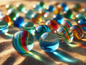 eine Gruppe von Spielmurmeln aus transparentem, farbigem Glas liegen im Sand 